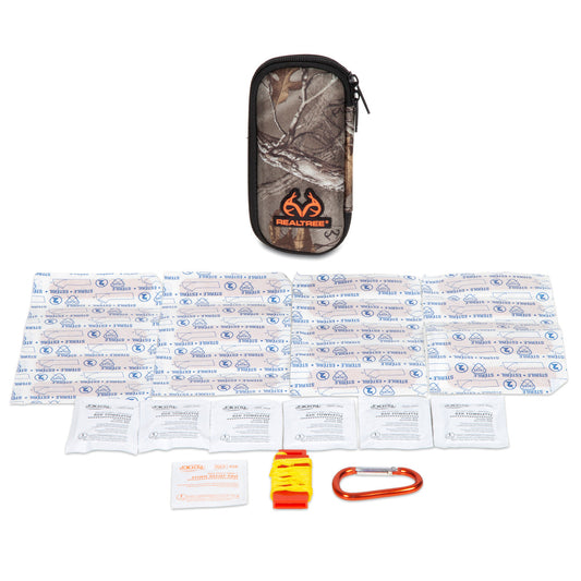 First aid kit with bandages, a carabiner, and a Realtree branded pouch on a white background