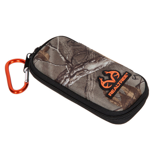 Camouflage pouch with orange carabiner and Realtree logo on a white background