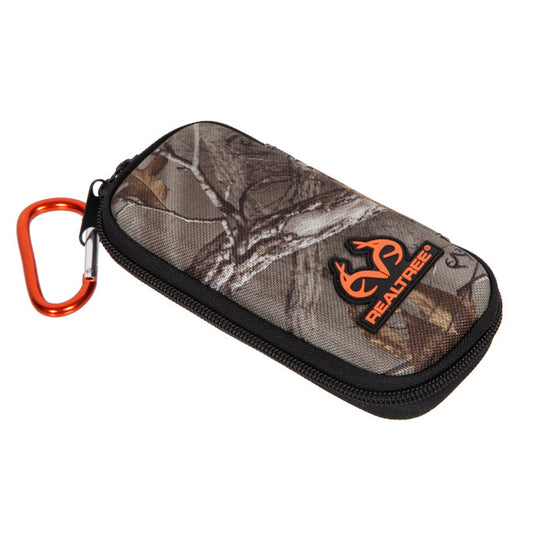 Camouflage pouch with orange carabiner and Realtree logo on a white background