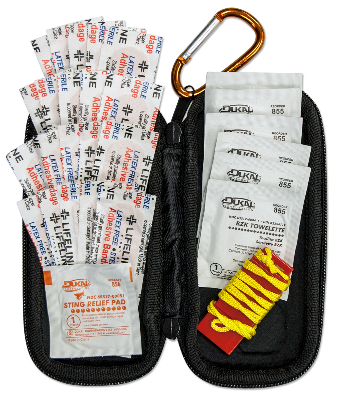 First aid kit with band-aids, adhesive tape, and sting relief pad in a black case with carabiner.