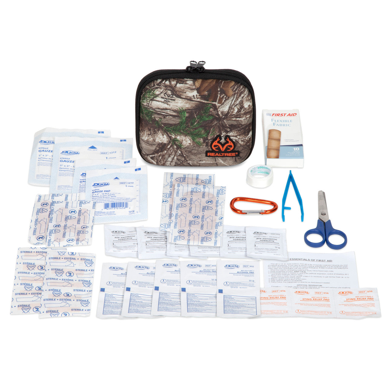 First aid kit with various supplies on a white background