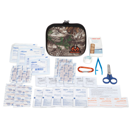 First aid kit with various supplies on a white background