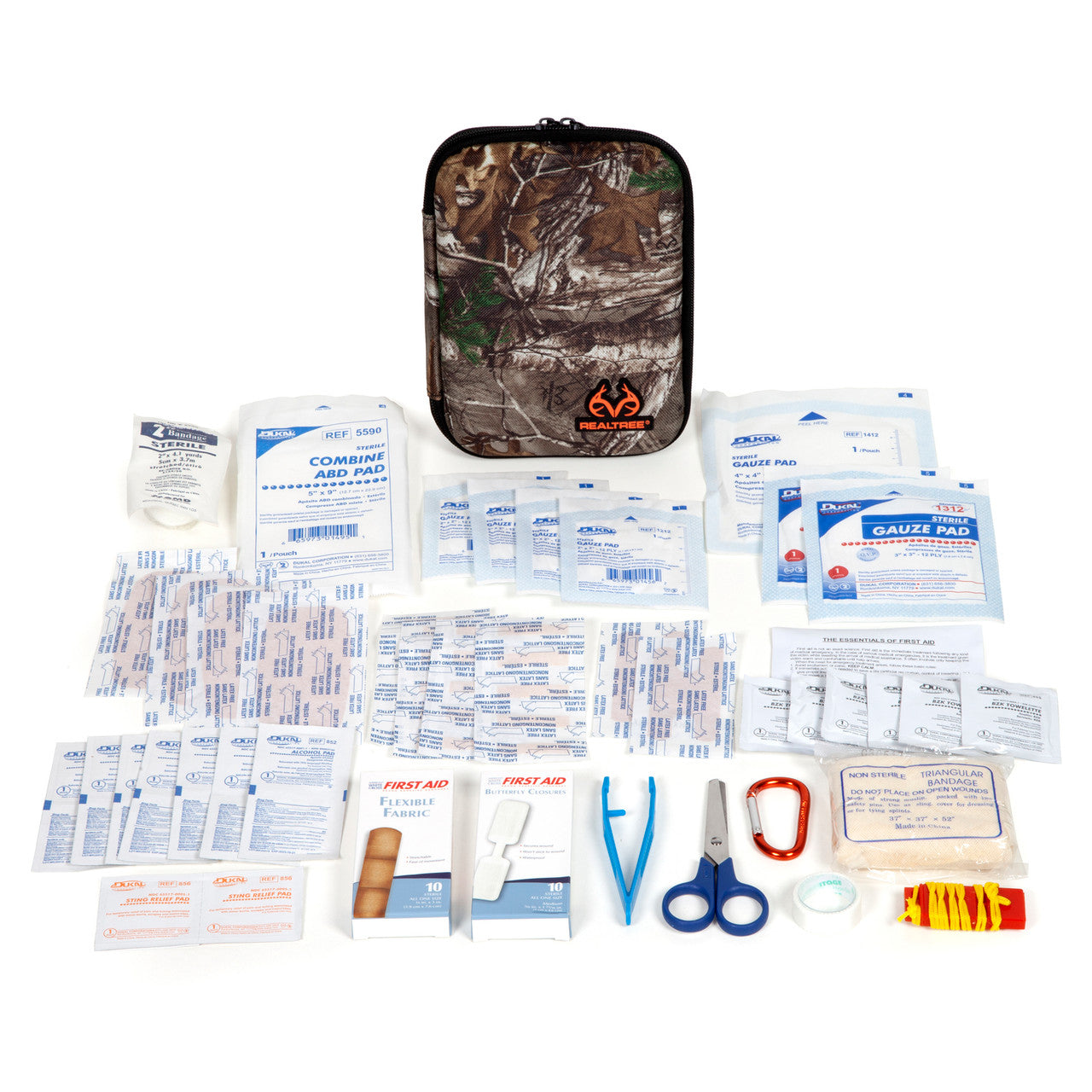 First aid kit with various supplies on a white background