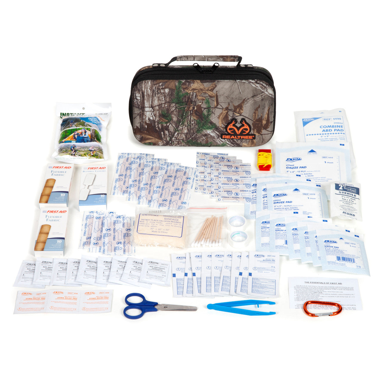First aid kit with various supplies on a white background
