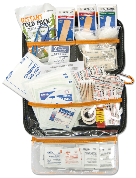 First aid kit with various supplies in a black and orange case on a white background