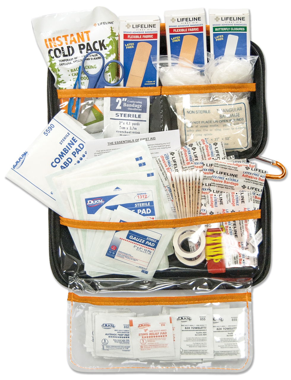 First aid kit with various supplies in a black and orange case on a white background