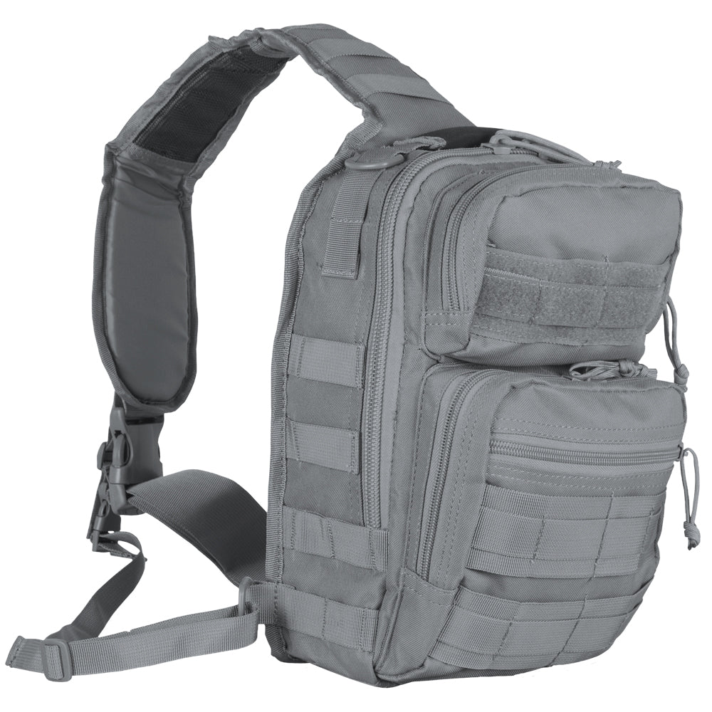 Gray tactical sling bag with multiple pockets on a white background