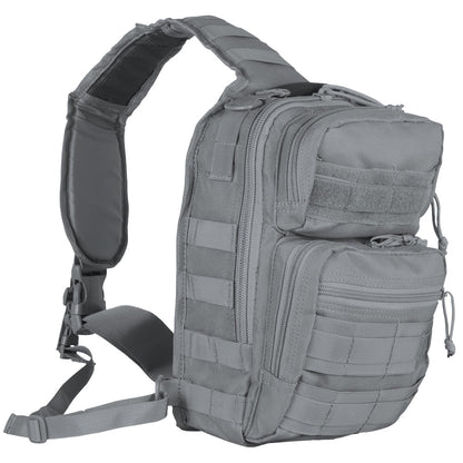 Gray tactical sling bag with multiple pockets on a white background