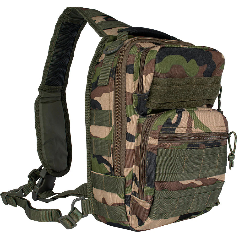 Camouflage backpack with multiple pockets and straps on a white background