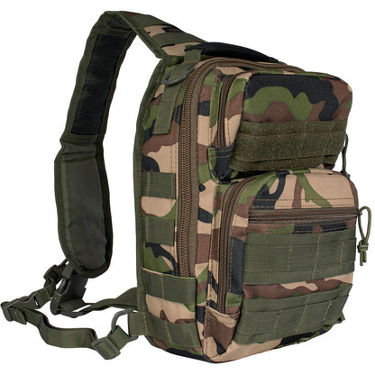 Camouflage backpack with multiple pockets and straps on a white background