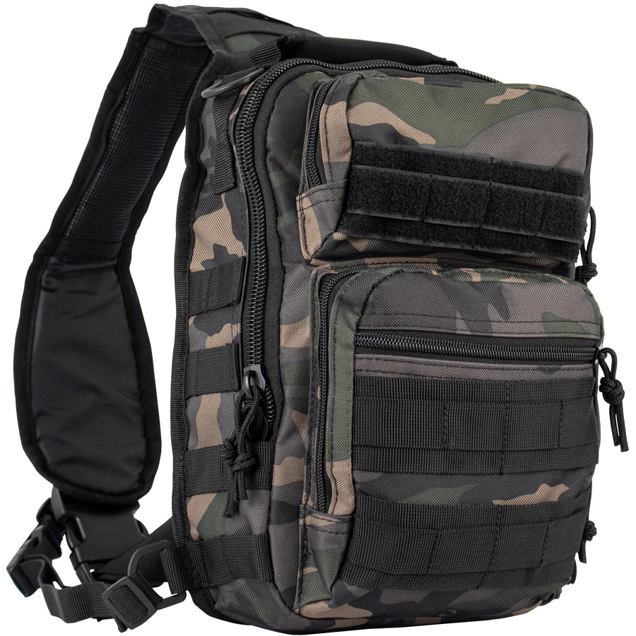 Camouflage sling bag with multiple pockets and straps on a white background