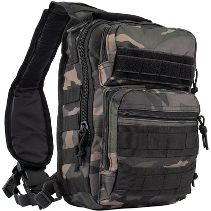 Camouflage sling bag with multiple pockets and straps on a white background