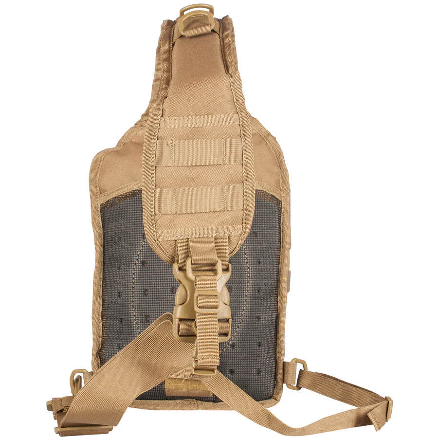 Tan tactical sling bag with mesh back on a white background