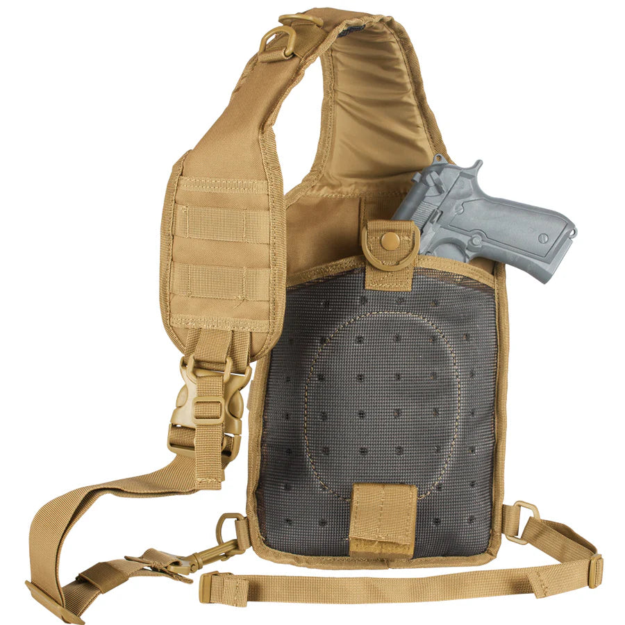 Tan tactical vest with a gun holster and a handgun on a white background