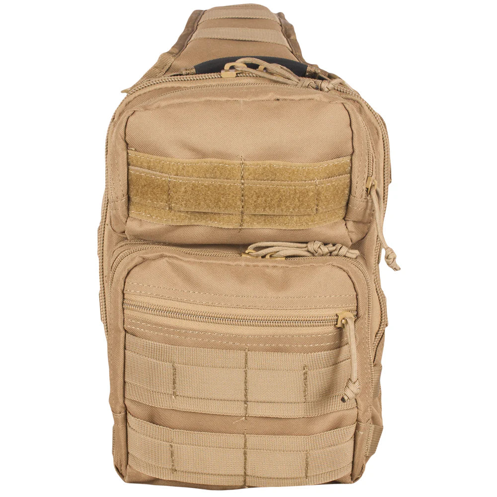 Tan tactical backpack on a white background