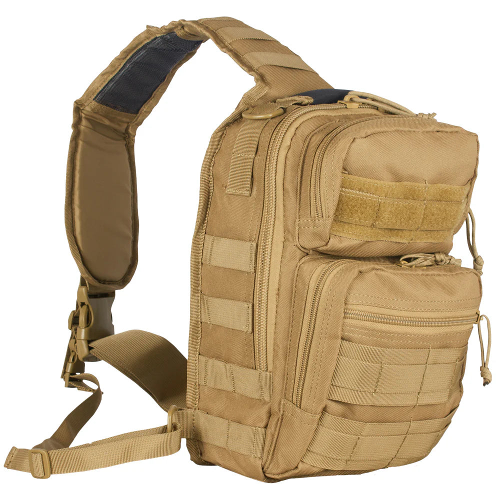 Tan tactical backpack on a white background
