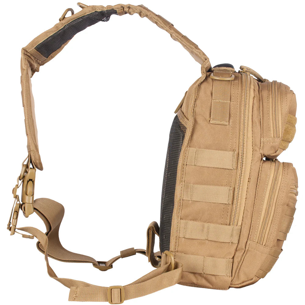 Tan tactical backpack with multiple straps on a white background