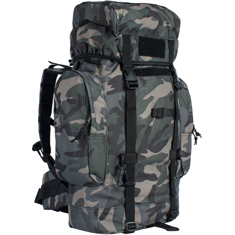 Camouflage backpack with multiple straps on a white background