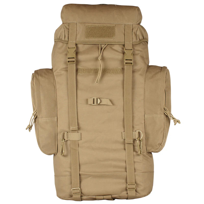Tan backpack with multiple straps and compartments on a white background