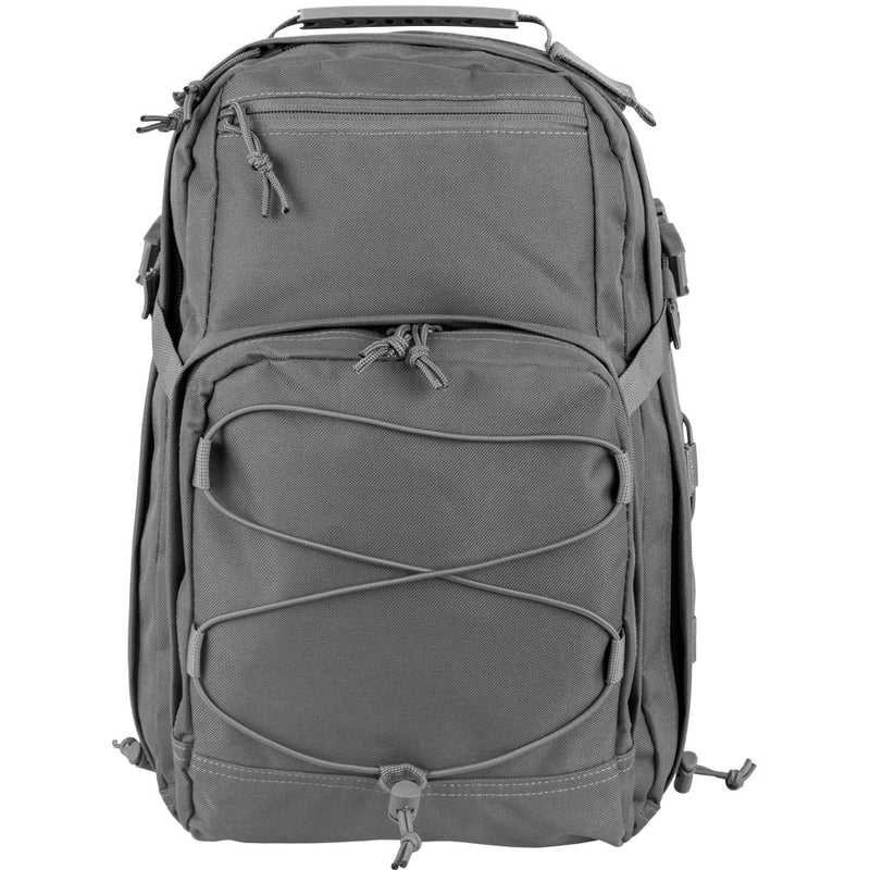 Gray backpack with multiple compartments and straps on a white background