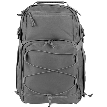Gray backpack with multiple compartments and straps on a white background