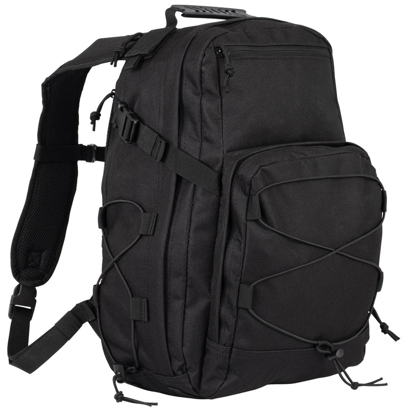 Black tactical backpack on a white background
