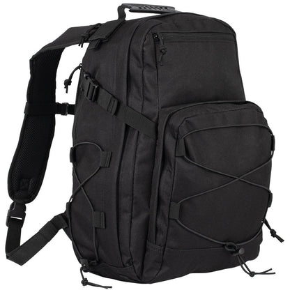 Black tactical backpack on a white background