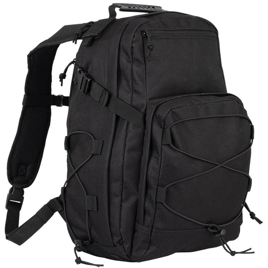 Black tactical backpack on a white background