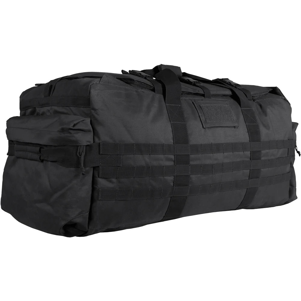 Black tactical duffel bag on a white background