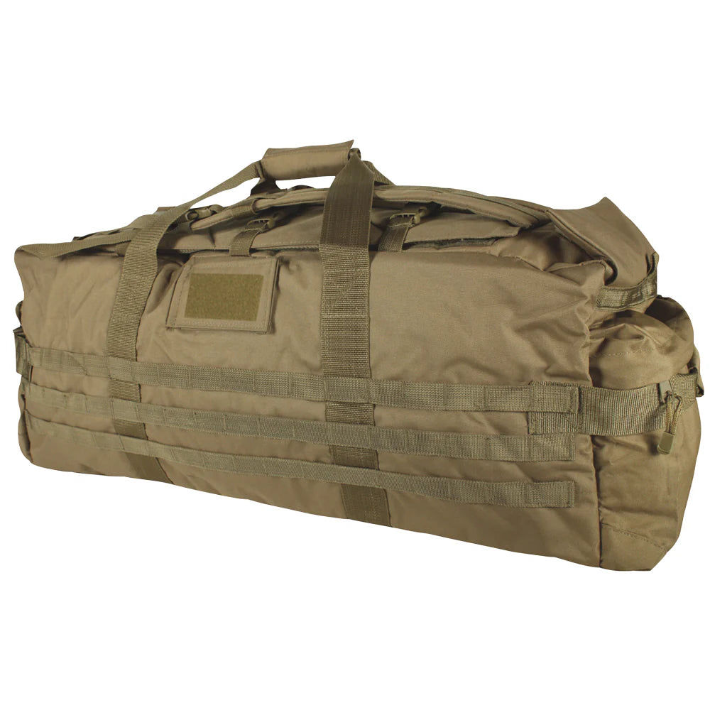 Tan duffel bag with multiple straps on a white background