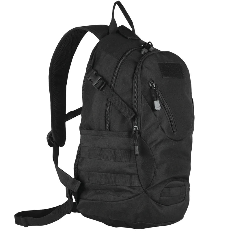 Black tactical backpack on a white background
