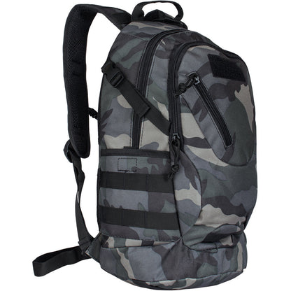 Camouflage backpack with black straps on a white background