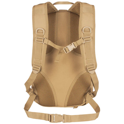 Tan backpack with multiple straps on a white background