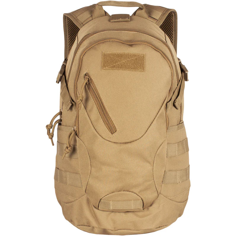 Tan tactical backpack on a white background