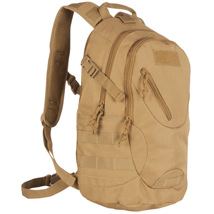 Tan backpack with multiple pockets and straps on a white background