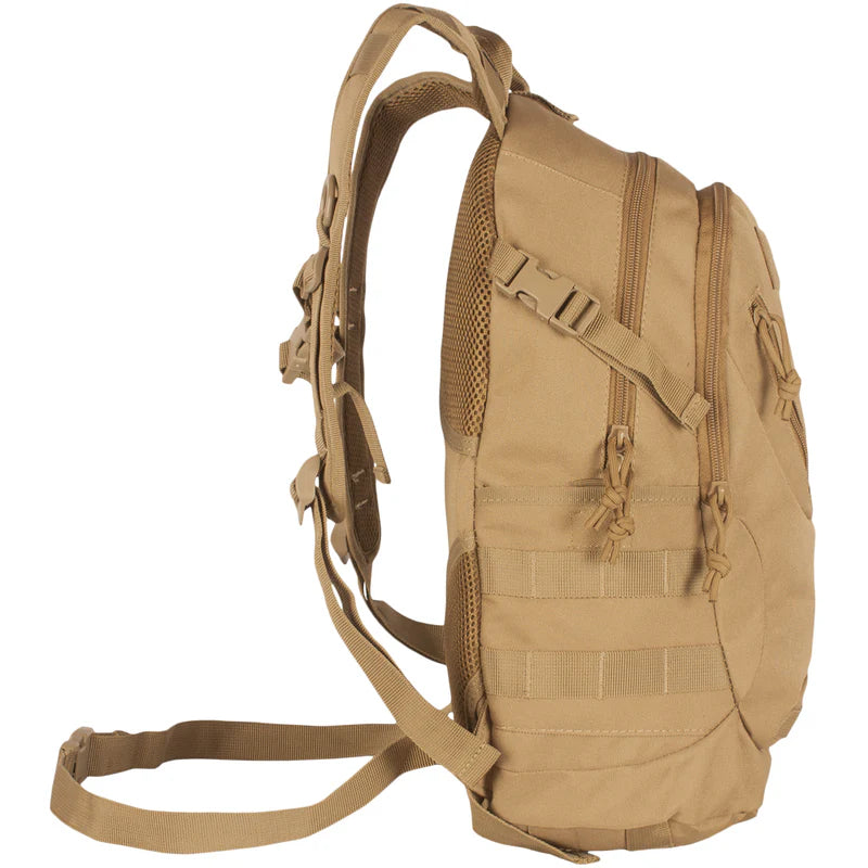Tan backpack with multiple pockets and straps on a white background