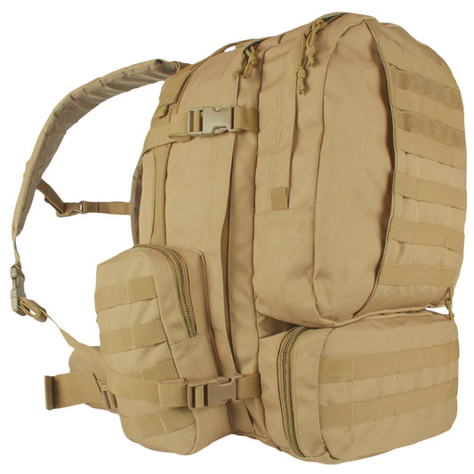 Tan tactical backpack on a white background
