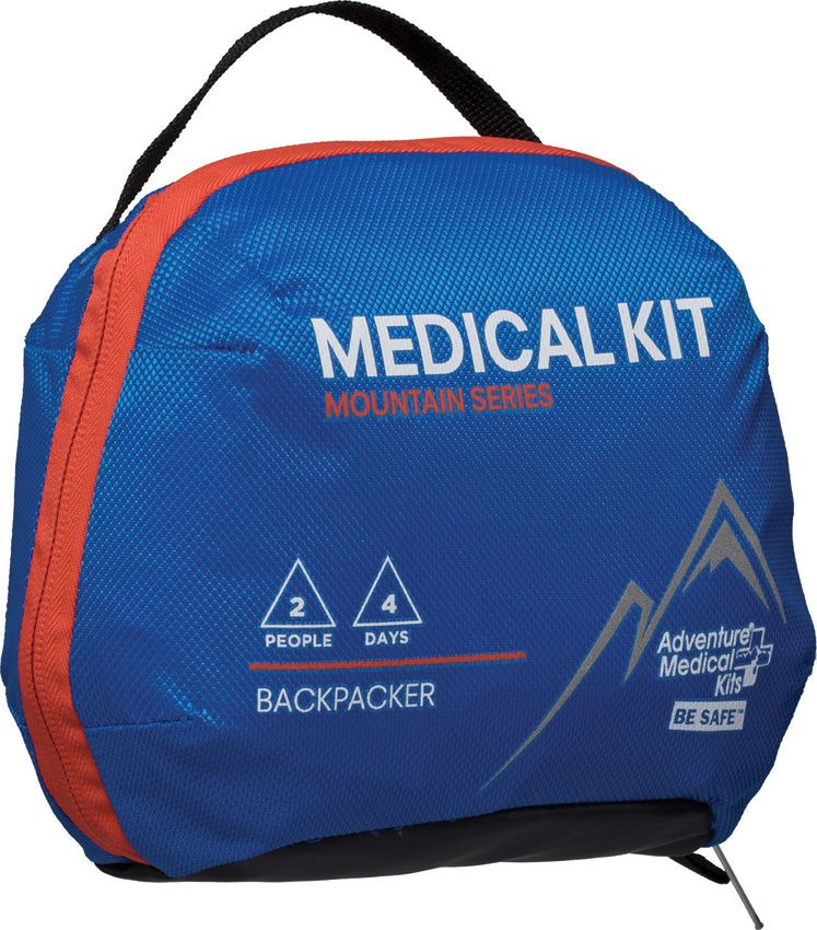 Blue medical kit backpack with red accents on a white background