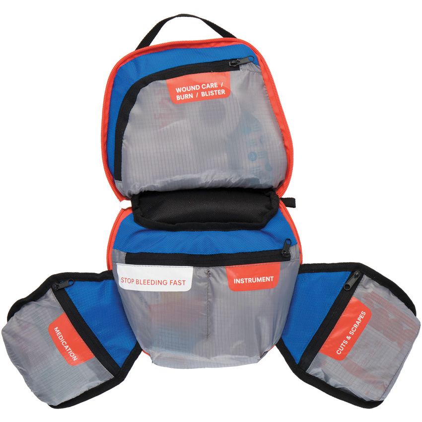 Adventure Medical Mountain  Backpacker med kit oepened up shwoing all compartments.
