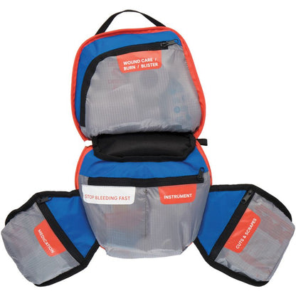 Adventure Medical Mountain  Backpacker med kit oepened up shwoing all compartments.