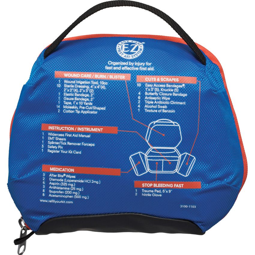 Blue first aid kit with red accents on a white background