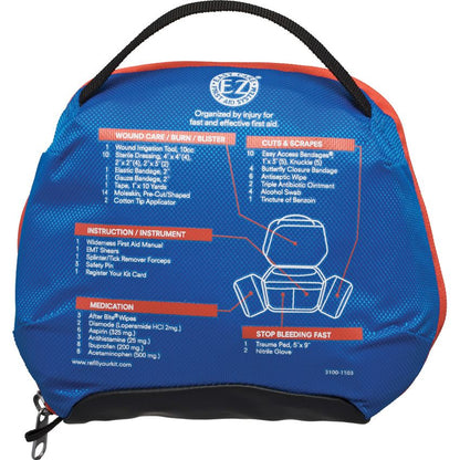Blue first aid kit with red accents on a white background