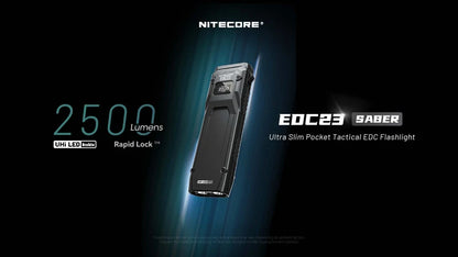Nitecore EDC23 Saber flashlight with 2500 lumens on a dark background