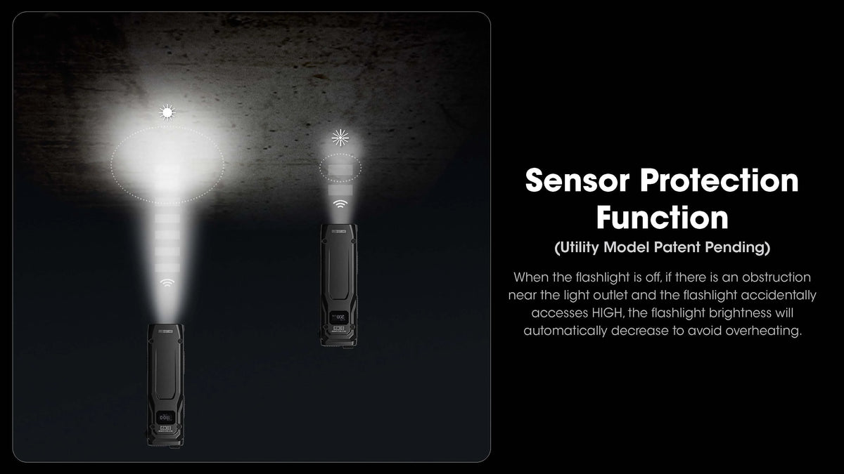 Flashlight with sensor protection function on a dark background
