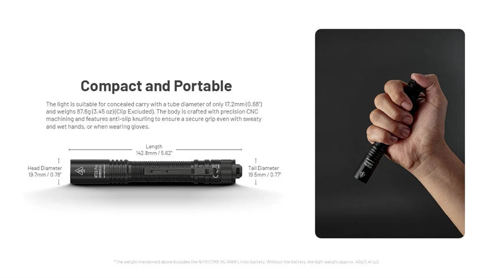 Black flashlight with text on compactness and portability, held in a hand.