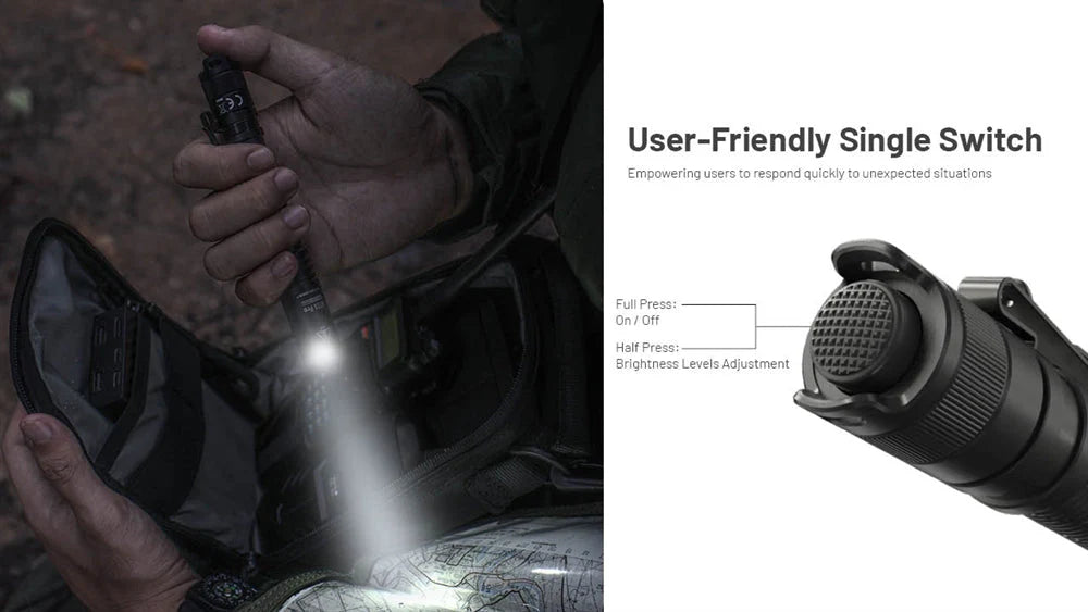 Hand holding a flashlight with close-up of switch and text on user-friendly features.