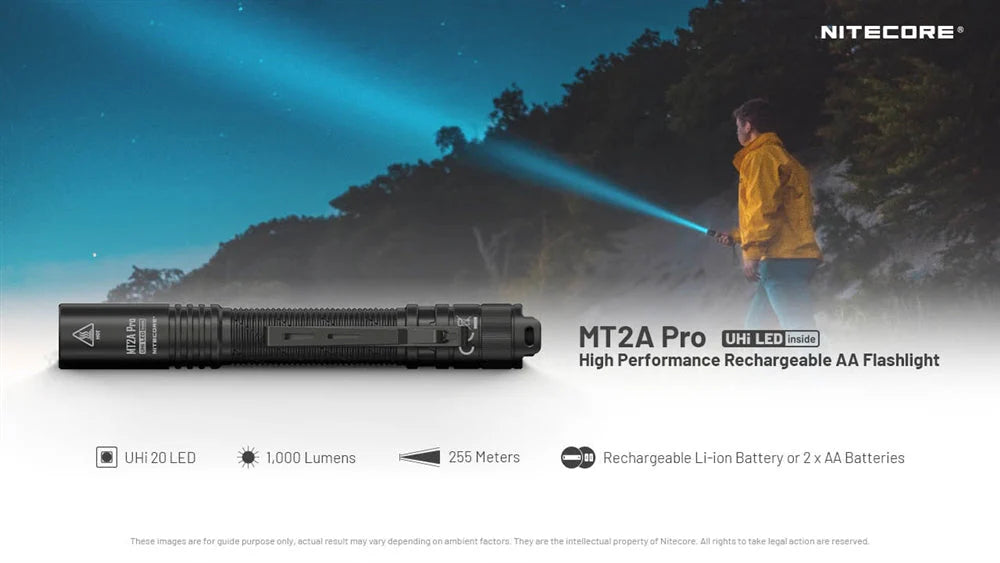 Nitecore MT2A Pro flashlight with user in yellow jacket in forest setting