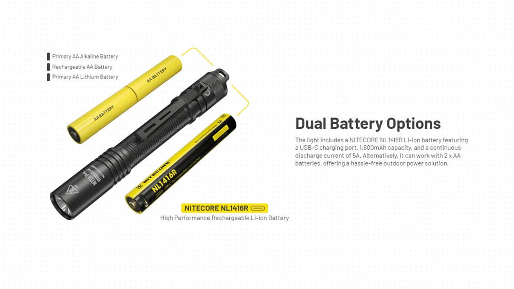 Nitecore flashlight with dual battery options on a white background