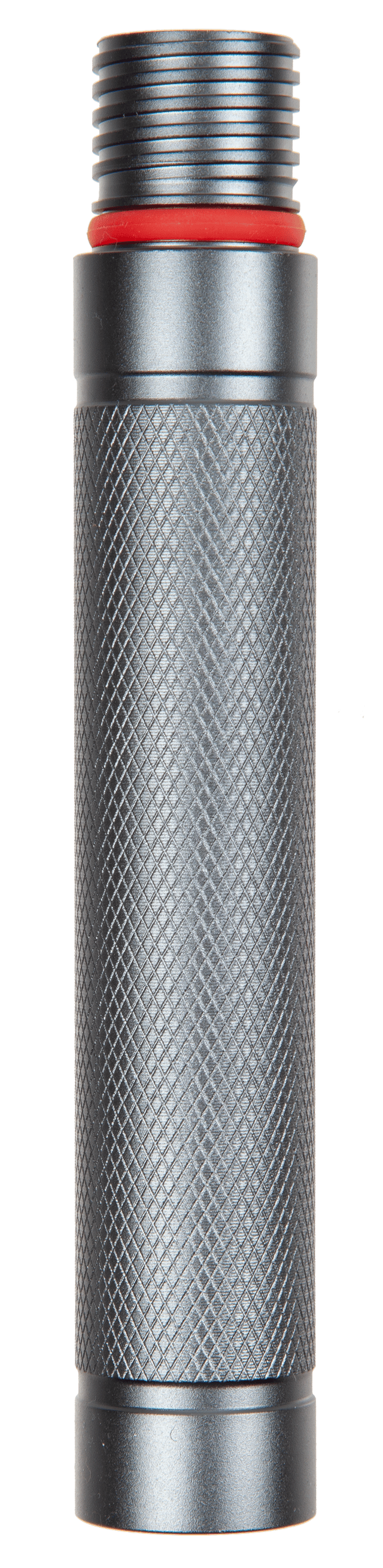 Metal tool with textured grip and red accent on a white background