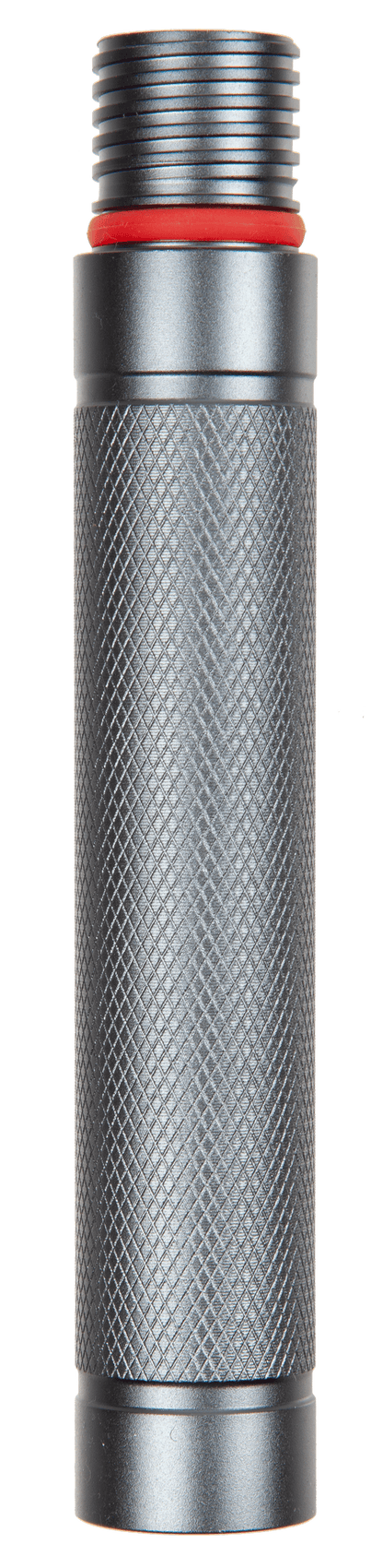 Metal tool with textured grip and red accent on a white background